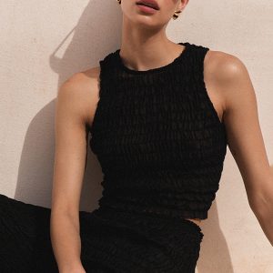 Black Shirred Chiffon Racer Neck Top