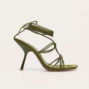Green Wide Fit Pu Square Toe Knotted Strappy Lace Up Heeled Sandals