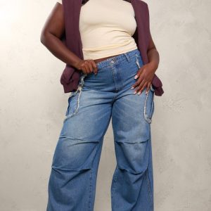 Plus Indigo Blue Wash Frayed Pocket Detail Wide Cargo Leg Jeans