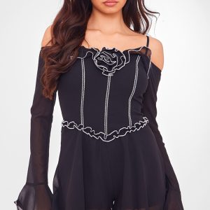 Black Contrast Stitch Chiffon Rose Applique Playsuit