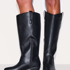 Black PU Wide Fit Point Toe Knee High Western Boots