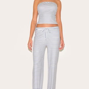 Blue Soft Touch Striped Mid Rise Wide Leg Trousers