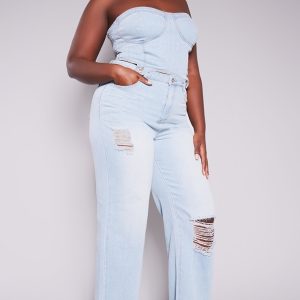 Plus Light Blue Wash Detachable Bandeau Denim Jumpsuit