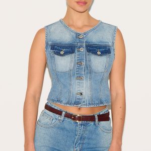 Mid Blue Wash Round Neck Sleeveless Denim Crop Top