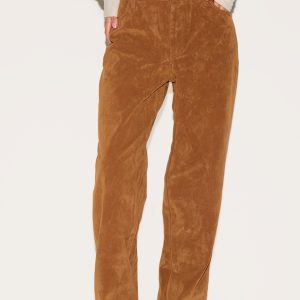 Petite Deep Tan Faux Suede Mid Rise Straight Leg Trousers