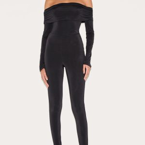 Black Double Layer Slinky Bardot Skinny Jumpsuit