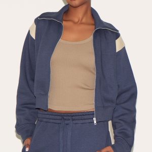 Midnight Blue Contrast Panel Zip Through Collared Sweatshirt