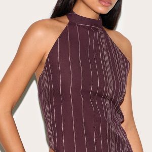 Tall Dark Brown Embroidered Stripe Halterneck Top
