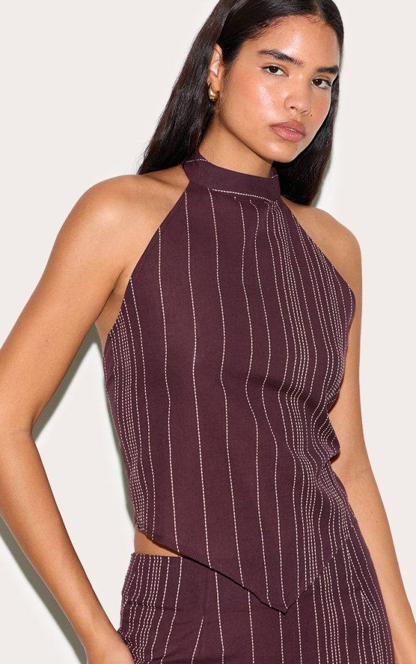 3703ce4456e6a4f80b13fd5dd2007a334637c81d_CNM5632_1_tall_dark_brown_embroidered_stripe_halterneck_top