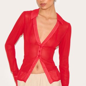 Tall Red Mesh Button Front Blouse