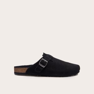 Black Real Suede Leather Round Toe Buckle Slip On Clog