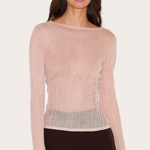 Pink Sheer Knit Long Sleeve Boat Neck Top