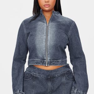 Plus Dark Indigo Buckle Detail Cropped Moto Jacket