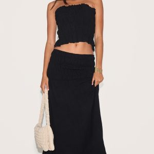 Black Shirred Linen Look Panel Mid Rise Maxi Skirt