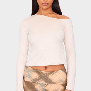 Stone Faux Suede Asymmetric Neck Long Sleeve Top