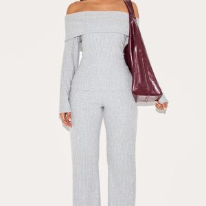 Petite Grey Ribbed Wide Leg Trousers