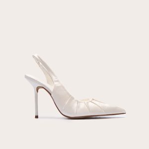 White Satin Point Toe Ruched Sling Back High Stiletto Heeled Courts