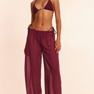 Burgundy Pinstripe Chiffon Beach Trousers
