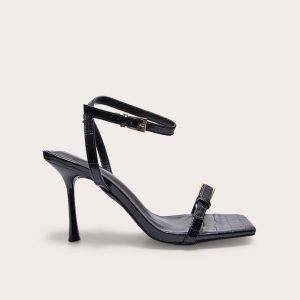Black Croc PU Square Toe Double Buckle High Stiletto Heeled Sandals