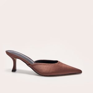 Chocolate Satin Point Toe Mid Stiletto Heeled Mules