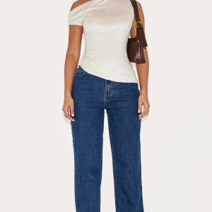 Petite Mid Blue Wash High Waist Straight Leg Jeans