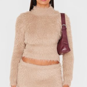 Mocha Fluffy Knit High Neck Top