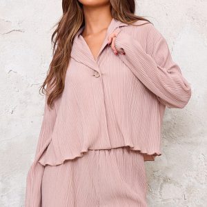 Taupe Textured Pleated  Button Front Shirt
