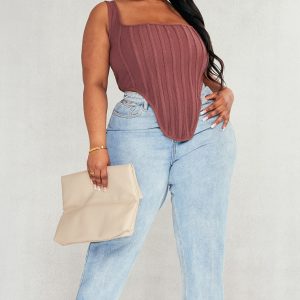 Plus Brown Textured Boned Corset Top