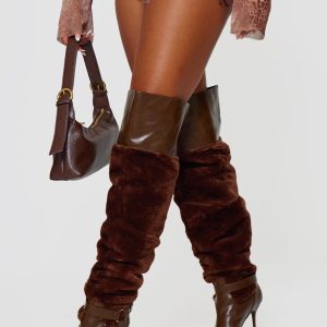 Brown PU Faux Fur Point Toe Over The Knee High Stiletto Heeled Boots