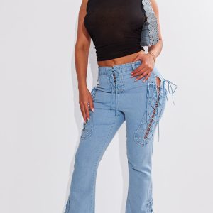 Shape Light Blue Stretch Denim Lace Up Flare Jeans