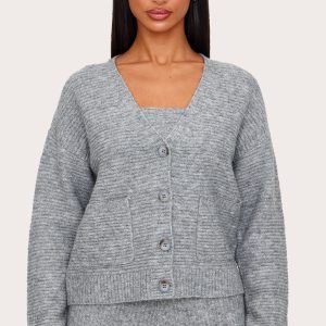 Petite Grey Marl Rib Knit Oversized Cardigan