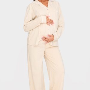 Maternity Sand Jersey Piping Detail Long Pj Set