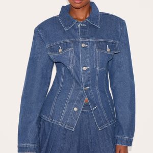 Dark Blue Shoulder Pad Cinch Waist Denim Trucker Jacket