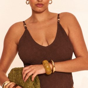 Plus Chocolate Textured Bead Trim Plunge Swimsuit