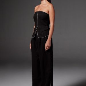 Black Woven Tailored Diamante Trim Wide Leg Pleated Trousers