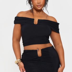 Plus Black Slinky Gold Trim Detail Bardot Top