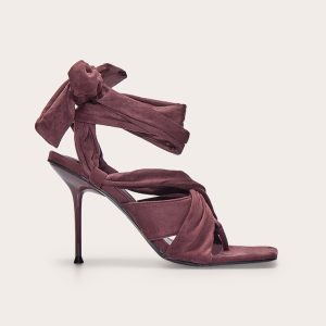 Chocolate Faux Suede Square Toe Thong Lace Up High Stiletto Heeled Sandals