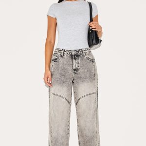 Petite Grey Denim Seam Detailed Wide Leg Jeans