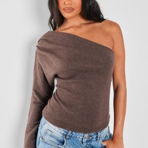 Chocolate Brushed Rib Asymmetric Shoulder Long Top