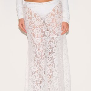 Plus White Floral Lace Sheer Maxi Skirt