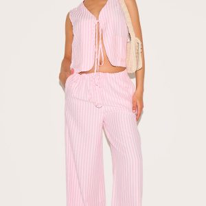 Petite Pink Striped Woven Wide Leg Trousers