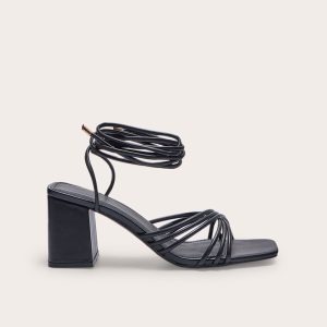 Black Pu Square Multi Criss Cross Strap Block Heeled Tie Up Sandals