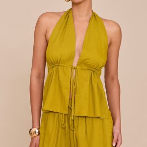 Deep Mustard Linen Look Tie Waist Longline Top