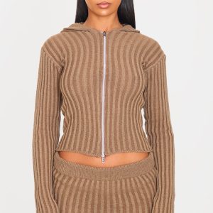 Chocolate Two Tone Knitted Zip Up Cardigan