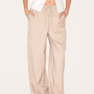 Stone Pinstripe Woven Drawstring Low Rise Relaxed Trousers