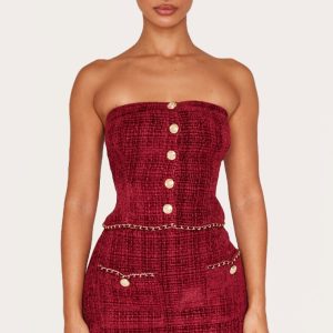 Petite Red Twill Bandeau Button Detail Top