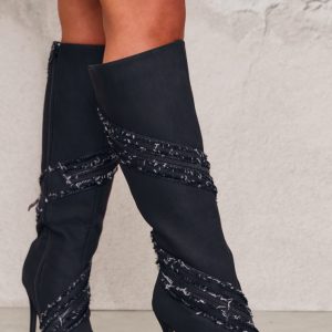 Black Denim Diamante Detail Point Toe High Heeled Knee Boots