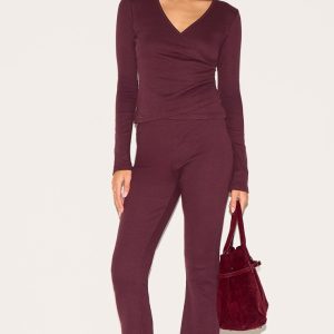 Plum Ribbed Elasticated Skinny Flare Trousers