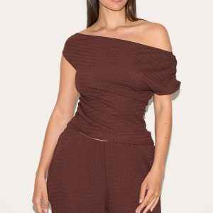 Chocolate Textured Asymmetric Off Shoulder Top