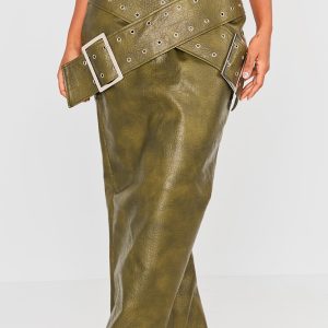 Shape Khaki Washed Effect Faux Leather Belt Detail Maxi Skirt
